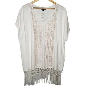 Lane Bryant Shirt Sz 22/24 Crochet Short Sleeve Tassels Sequin White Boho Chic